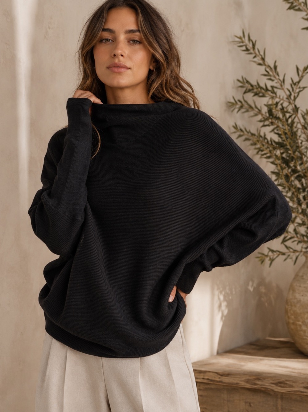 Blue Ivy Ribbed Dolman Cowl Neck Sweater Black Slouchy Oversized